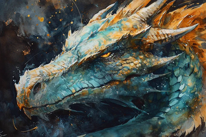 Earthy teal and gold dragon, watercolor, wet-on-wet blending, black background --ar 3:2 --style raw --v 6.0 --s 250