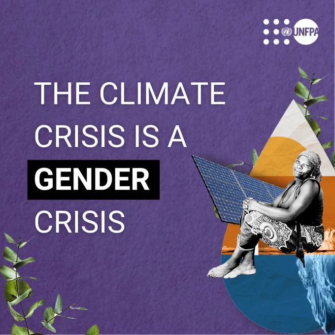A purple card with white text that says: "The climate crisis is a gender crisis." The word gender is highlighted in black. There are cutout images of plants, water, a solar panel, an orange, yellow, and white triangle, and a picture of a dark-skinned woman smiling, sitting, and holding her knees. There is a white UNFPA logo on the top right corner.