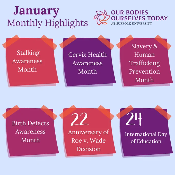 An icy blue background with the words "January: Monthly Highlights” at the top. There are 2 rows of pink, magenta, and purple sticky notes with the following dates written in white: "22: Anniversary of Roe v. Wade," "24: International Day of Education," "Cervix Health Awareness Month," "Stalking Awareness Month," "Birth Defects Awareness Month," and "Slavery & Human Trafficking Prevention Month." 