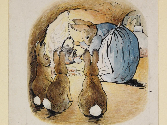 Beatrix Potter (1866–1943), Mrs Rabbit pouring out the tea for Peter while her children look on, 1902-1907. Linder Bequest. Museum no. BP.468. © Victoria and Albert Museum, London, / courtesy of Frederick Warne & Co. Ltd.