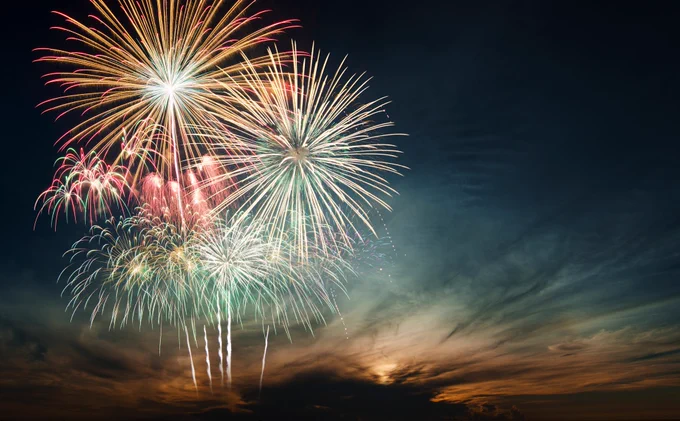 fireworks at dusk