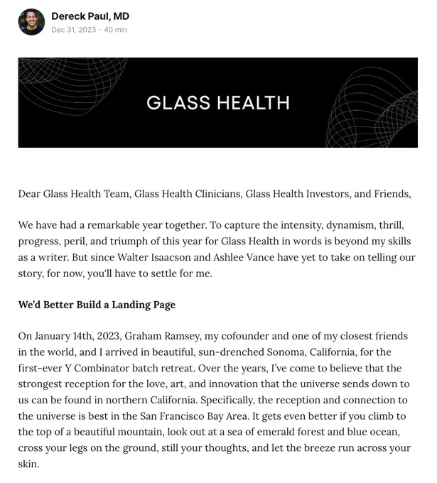 Screenshot of blog post by Dereck Paul, MD about Glass Health
