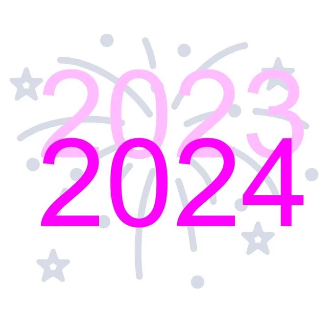 "2024" written in bright pink, partly overlapping "2023" written in pale pink. The background is white with a schematic of fireworks in grey. 