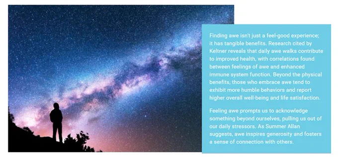 Person star gazing with the words finding awe isn’t just a feel-good experience it has tangible benefits. Research cited by Keltner reveals that daily awe walks contribute to improved health. The quote goes on to say more about the health and emotional benefits of seeking awe.