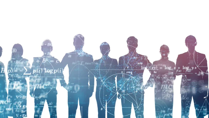 Silhouette of people standing next to one another against a white background, with images of data science symbols. 
