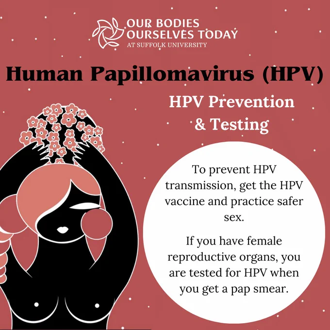 A light pink background with small white dots. At the top is the white OBOS Today logo with “Human Papillomavirus (HPV)” written underneath in black. To the left is a silhouette of a person holding a black circle with little pink flowers on it. They have pink hair and pink circles around their face. To the left in white are the words: “HPV Prevention & Testing.” Below is a white circle with the following text in black: “To prevent HPV transmission, get the HPV vaccine and practice safer sex. If you have female reproductive organs, you are tested for HPV when you get a pap smear.” 
