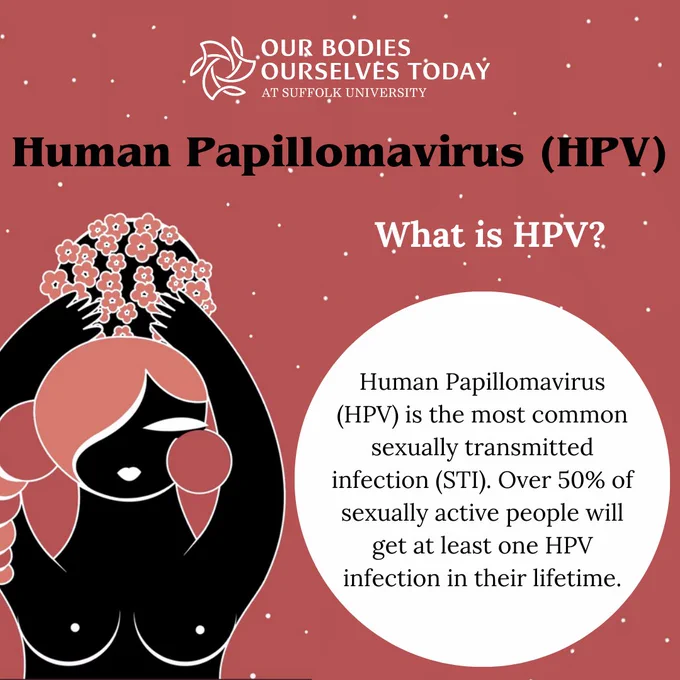 A light pink background with small white dots. At the top is the white OBOS Today logo with “Human Papillomavirus (HPV)” written underneath in black. To the left is a silhouette of a person holding a black circle with little pink flowers on it. They have pink hair and pink circles around their face. To the left in white are the words: “What Is HPV?” Below is a white circle with the following text in black: “Human Papillomavirus (HPV) is the most common sexually transmitted infection (STI). Over 50% of sexually active people will get at least one HPV infection in their lifetime.” 
