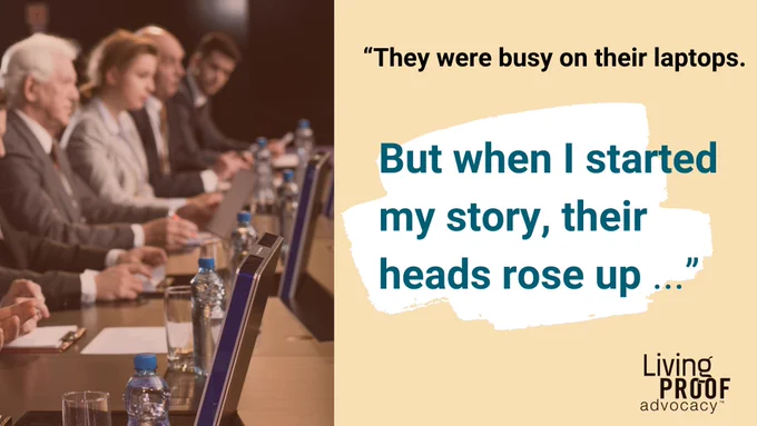 A photo of seated legislators looking up from their laptops. Copy: "They were busy on their laptops. But when I started my story, their heads rose up..."