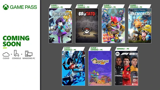 Anuchard, Brotato, Go Mecha Ball, Palworld, Persona 3 Reload, Turnip Boy Robs a Bank, and F1 23 are coming soon to Xbox Game Pass.
