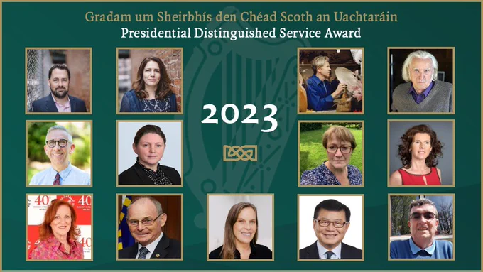 Image containing photographs of the thirteen members of Ireland’s diaspora being awarded a 2023 Presidential Distinguished Service Award.
