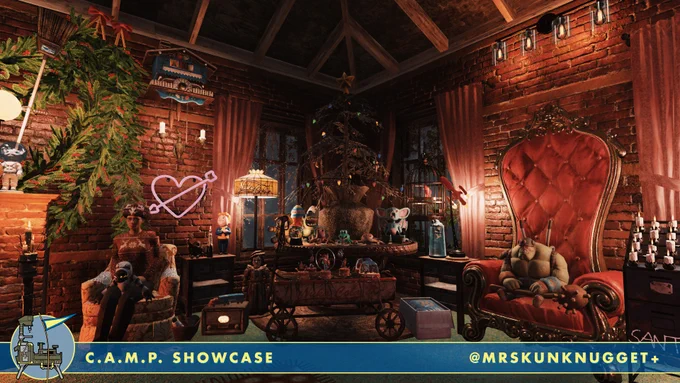 A screenshot from Fallout 76 showing a holiday cottage interior. It is full of decorations such as toys and plushies. Two large chairs sit either side of the holiday tree, with a player character and a Grahm plush sat on each. The scene is lit with lovely warm lighting.