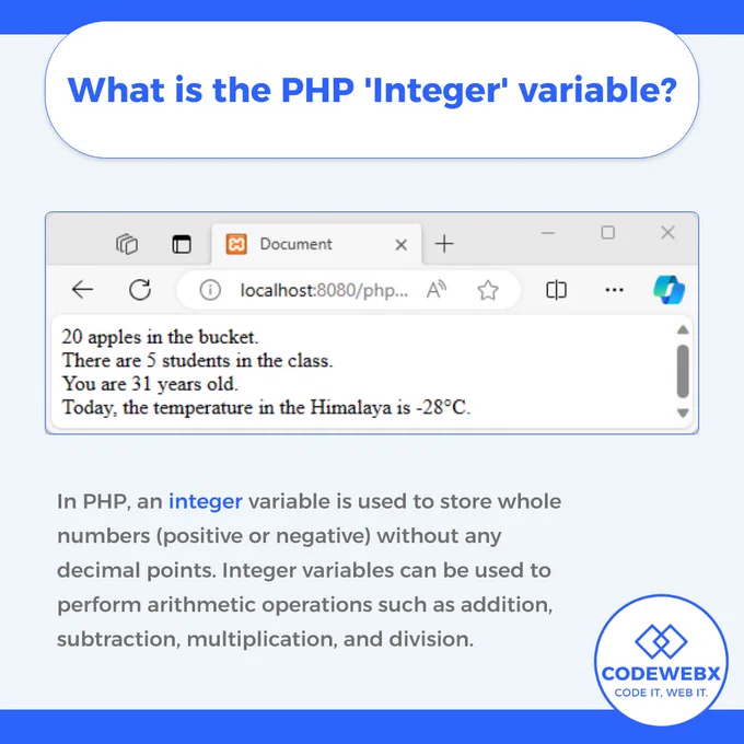 👍What is the PHP 'Integer' variable?👍

1/4: Purpose: Store whole numbers (positive or negative) without decimal points.
2/4: Operations: Perform arithmetic operations like addition, subtraction, multiplication, and division.
3/4: Declaration: Use the dollar sign ($) followed by the variable name.
4/4: Example: $age = 25;

In PHP, an integer variable is used to store whole numbers (positive or negative) without any decimal points. Integer variables can be used to perform arithmetic operations such as addition, subtraction, multiplication, and division. Integer variables in PHP are declared using the dollar sign ($) followed by the variable name. For example, $age = 25;.