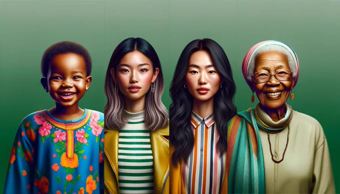 Create a portrait featuring four diverse individuals against a plain green background in a 16:9 aspect ratio. On the far left, depict an African toddler with a joyful expression, dressed in bright, playful clothing. Second from the left, illustrate a 20-year-old French girl with a stylish and modern look, embodying a chic aura. In the third position from the left, portray a 50-year-old Chinese woman with an elegant demeanor, wearing attire that reflects her culture. On the far right, show a 70-year-old African woman with a warm and wise presence, dressed in casual, contemporary clothing. Each subject should be distinct and reflective of their individual backgrounds, with a focus on capturing their unique personalities.