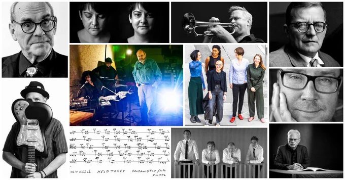 Photo credits: John White via Convivium Records, Cassandra Miller by Andrew Parker, Russ Johnson via the artist, Dmitri Shostakovich via National Portrait Gallery London, Phill Niblock at Experimental Intermedia Foundation with Shelley Hirsch and Katherine Liberovskaya via The Wall Street Journal, Fire and Water Quintet (Lesley Mok, Tomeka Reid, Myra Melford, Ingrid Laubrock, Mary Halvorson) by Don Dixon, Robin de Raaff by Cecilia de Raaff, Mark Hjorthoy via the artist, Held Tones by Phill Niblock, Langham Research Centre via the artists, John Adams via UCLA