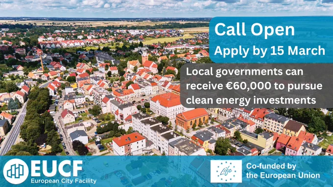 A tweetcard with the text: "Call open, apply by 15 March" and "Local Governments can receive 60,000 to pursue clean energy investments"