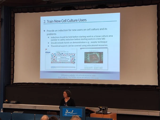 Amanda Cape-Davis presenting at the Cellosaurus Symposium in Lausanne on January 11, 2024. Slide on training new cell culture users mentions SIB e-learning course on the Cellosaurus knowledgebase.