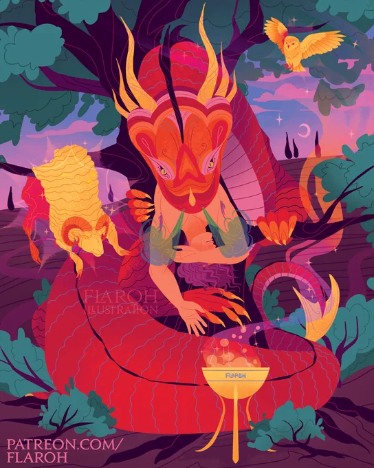 art by flaroh illustration. The colchis dragon is wrapped around a tree disgorging the hero jason. On the left the golden fleece hangs from a branch. On the right Minerva's owl swoops under the leaves and below a golden cauldron bubbles. Smoke trails from the cauldron, up the right, and fades into the top of the scene. Behind this scene in the background are distant fields and trees and the sky is at dusk with a crescent moon shining. The palette is reds, golds, pinks, greens, and hints of purple and blue. The dragon is red, the owl gold, the tree green, and the background purple.