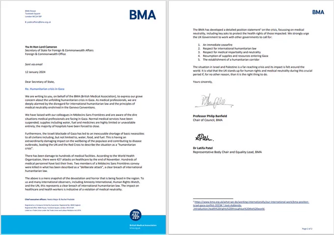 A letter from Phil Banfield and Latifa Patel to the Secretary of State for Foreign & Commonwealth Affairs dated 12 January 2024 regarding the humanitarian crisis in Gaza.