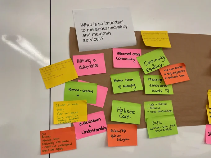 Outputs of one of the exercises connecting individual passion for midwifery to their purpose as a leader. Brown paper background with multi coloured post its