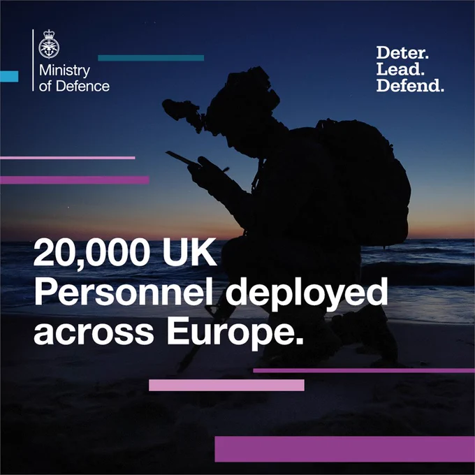 Infographic text reads '20,000 UK personnel deployed across Europe'.