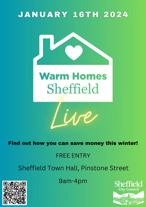 A poster of the Warmer Homes event showing the Warm Homes logo and the date and details of the event. The poster is shades of green with the word ‘Live’ in yellow.