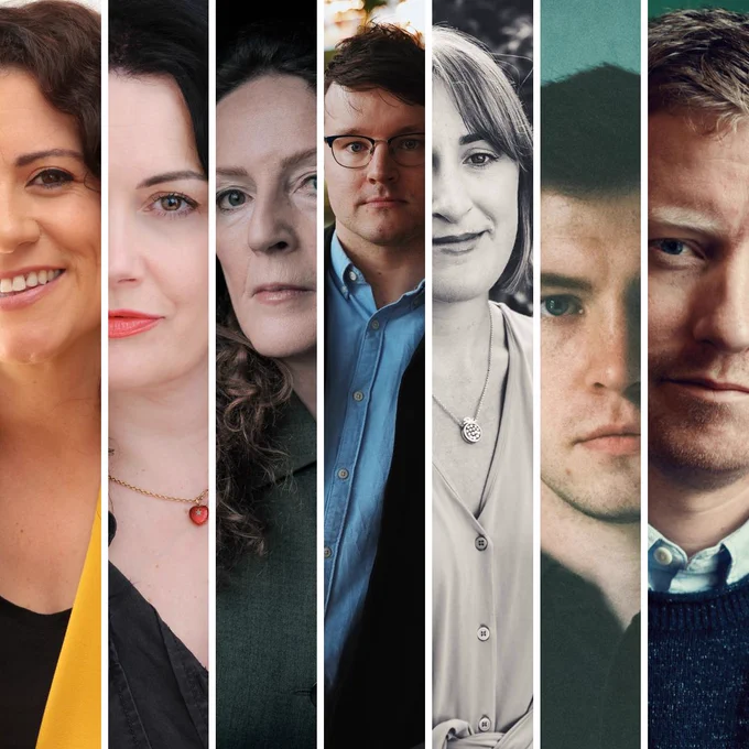 Composite image of slices of headshots of the 2024 Writers in Residence/ Fellows. Muireann Ní Chíobháin (DCU, Irish-language)
Aingeala Flannery (DCU, English-language)
Michèle Forbes (Maynooth University)
John Patrick McHugh (University of Galway)
Catherine Prasifka (Trinity College Dublin)
Ian Maleney (UCC)
Colin Barrett (UCD)

