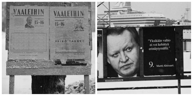 Vasemmalla Väinö Tannerin vaalijulisteita vuoden 1931 presidentinvaaleissa. Kuva Pietinen. Oikealla Martti Ahtisaaren vaalimainoksia 1994. Kuva Kari Kankainen. Kuvat rajattu.