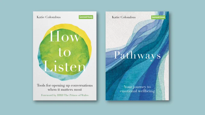 The covers of 'How to Listen: Tools for opening up conversations when it matters most' and 'Pathways: Your journey to emotional wellbeing' on a light blue background.
