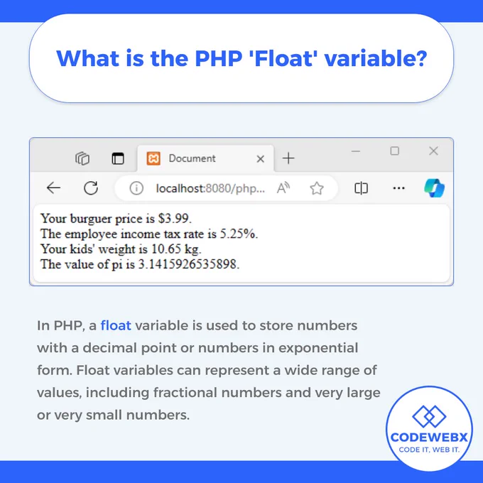 👍What is the PHP 'Float' variable?👍

1/4. Purpose: Store numbers with a decimal point or in exponential form.
2/4. Representation: Can represent fractional numbers and very large or very small numbers.
3/4. Declaration: Use the dollar sign ($) followed by the variable name.
4/4. Example: $pi = 3.14;

In PHP, a float variable is used to store numbers with a decimal point or numbers in exponential form. Float variables can represent a wide range of values, including fractional numbers and very large or very small numbers. Float variables in PHP are declared using the dollar sign ($) followed by the variable name. For example, $pi = 3.14;.
