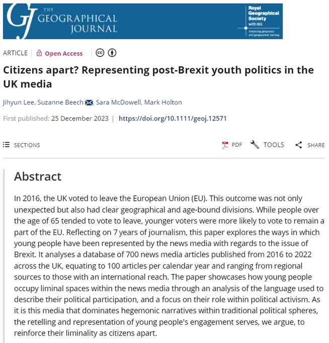 Title and abstract for 'Citizens apart? Representing post-Brexit youth politics in the UK media' by Jihyun Lee, Suzanne Beech, Sara McDowell, and Mark Holton in The Geographical Journal.