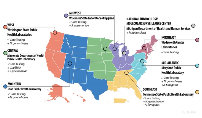 A map of the United States divided into eight regions, each shown in a different color. The regions represent the different lab testing areas of the U.S. Antimicrobial Resistance Laboratory Network. 