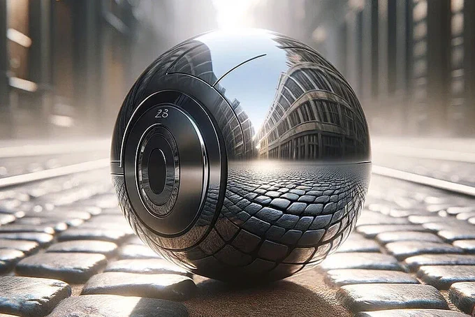 In the image, there's a steel ball placed on a textured cobblestone ground. The cobblestones, arranged in a pattern, provide a tactile surface. Surrounding the scene are beautiful buildings with distinct architectural features. The steel ball, cool to the touch, reflects the surrounding environment, capturing the essence of the cobblestones and the intricate details of the nearby buildings. The visual composition portrays a harmonious blend of strength and elegance, creating a dynamic interplay between the solid steel ball and the textured, reflective surface of the cobblestones against the backdrop of the architectural beauty.