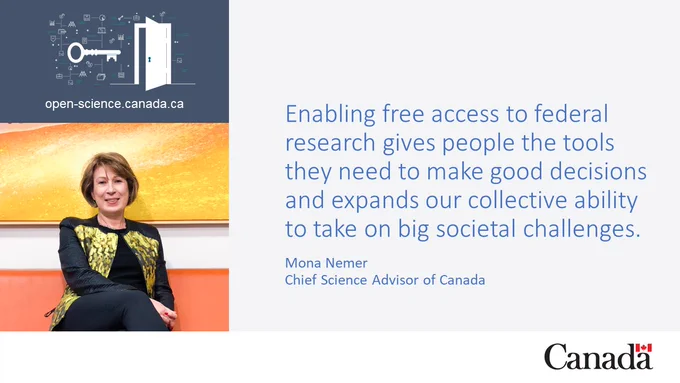 Dr. Mona Nemer with decorative graphics with text, “open-science.canada.gc.ca”,” Enabling free access to federal research gives people the tools they need to make good decisions and expands our collective ability to take on big societal challenges”, “Mona Nemer Chief Science Advisor of Canada.” A website link leads to open-science.canada.ca.