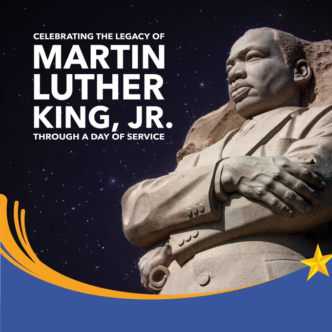 Image of Martin Luther King, Jr. statue with starry background and white text that reads "Celebrating the legacy of Martin Luther King, Jr. through a day of service."