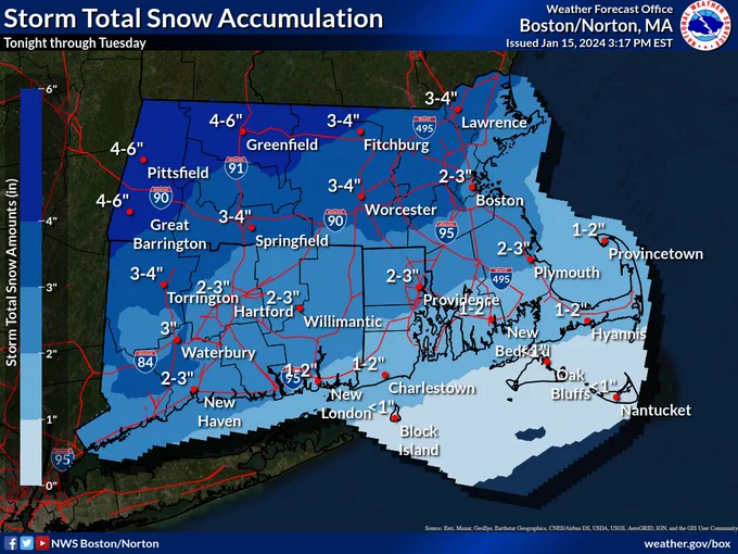 Map of forecast snow accumulations across southern New England for late tonight into Tue.