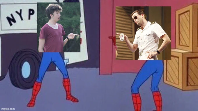 Spiderman pointing meme, but Spiderman on the left is Benedick Hobbes from NMTD pointing to the right. Spiderman on the right is Tennant!Benedick pointing to the left.