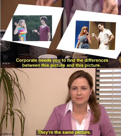 Meme: Corporate needs you to find the differences between this picture and this picture. They're the same picture. Pictured: Beatrice and Benedick from NMTD on the left, Beatrice and Benedick as played by Catherine Tate and David Tennant on the right.