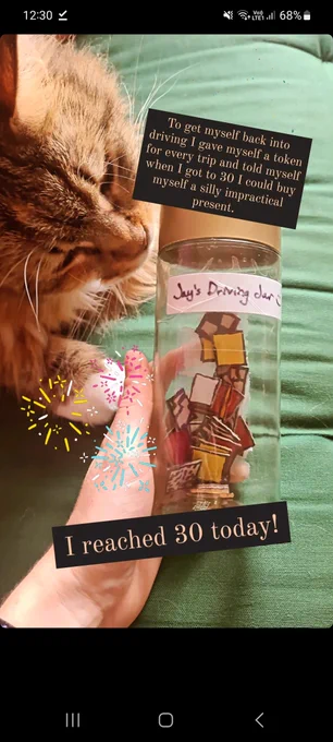 Photo of a cat looking at a jar of tokens with text overlaid that says "to get myself back into driving I gave myself a token for every trip and told myself when I got to 30 I could buy myself a silly impractical present. I reached 30 today!"