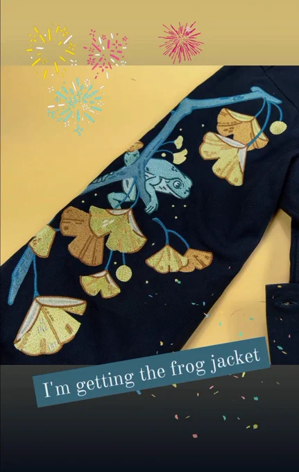 A photo of a jacket sleeve embroidered with frogs and ginkgo leaves with text on top that reads "I'm getting the frog jacket"