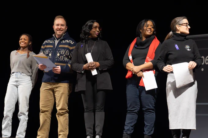 Speakers representing Colorado State University, Front Range Community College, Poudre School District and the City of Fort Collins speak at the 2024 MLK Day celebration.