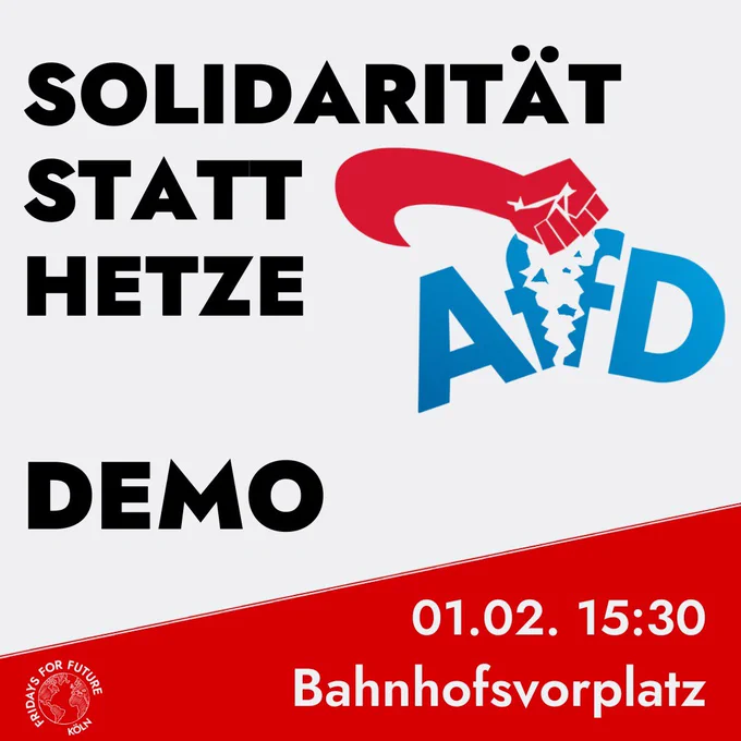 Demo am 1.2 um 15:30 in Köln, Bahnhofsvorplatz
