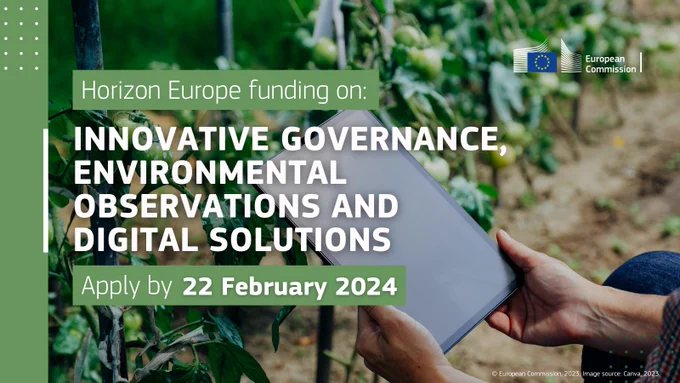 A photograph of green vegetables growing in the garden and hands holding a tablet in front of it. The writing informs about the innovative governance, environmental observations and digital solutions call with a deadline on 22 February 2024.