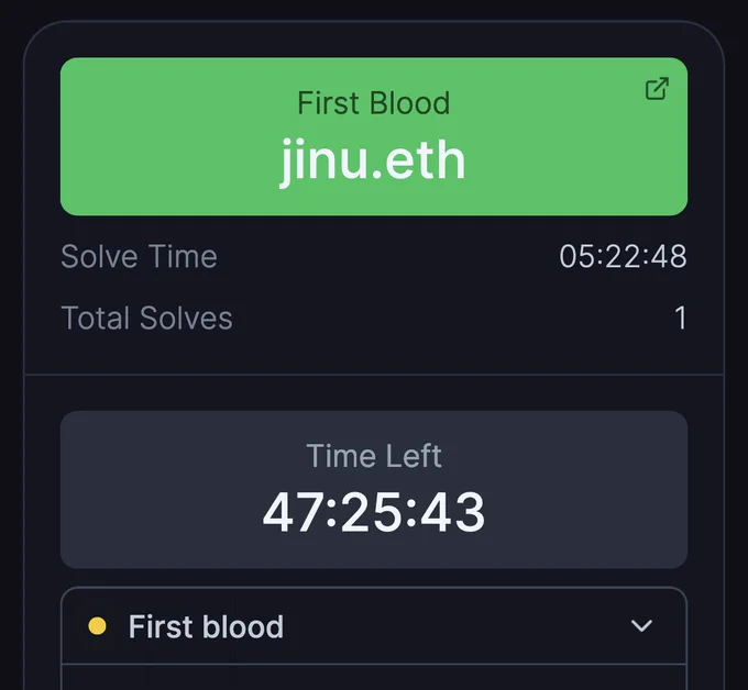 Screenshot of Curta UI showing first bood to jinu.eth in 5:22:48 and 47:25:43 left