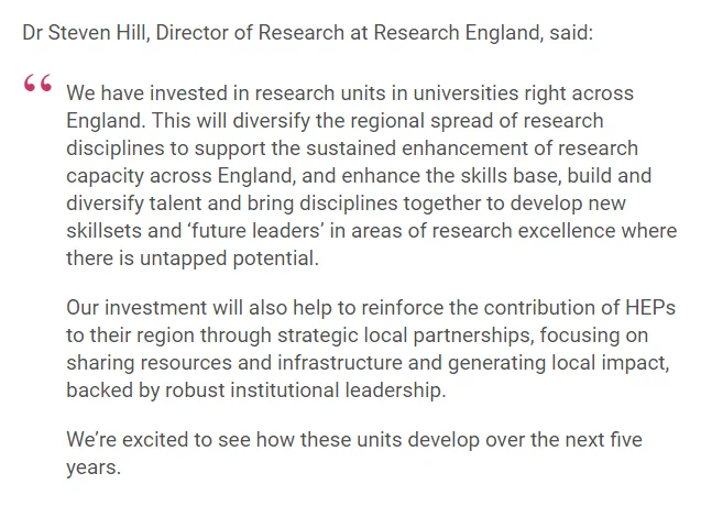 Dr Steven Hill, Director of Research at Research England, said:

We have invested in research units in universities right across England. This will diversify the regional spread of research disciplines to support the sustained enhancement of research capacity across England, and enhance the skills base, build and diversify talent and bring disciplines together to develop new skillsets and ‘future leaders’ in areas of research excellence where there is untapped potential.

Our investment will also help to reinforce the contribution of HEPs to their region through strategic local partnerships, focusing on sharing resources and infrastructure and generating local impact, backed by robust institutional leadership.

We’re excited to see how these units develop over the next five years.