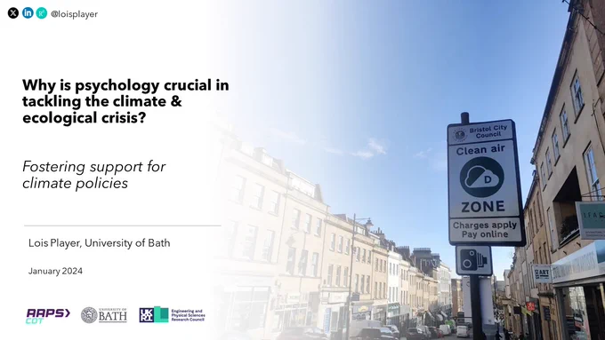 A picture of the title slide of my presentation. Title: "Why is psychology crucial in tackling the climate & ecological crisis?". Subtitle: "Fostering support for climate policies". 