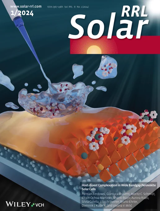 a perovskite crystalline structure is forming from liquid perovskite solution. Antisolvent  is dropped on top and in the splash the molecules object of the paper is visible. Within the perovskite crystal the molecule form complexes with ions.