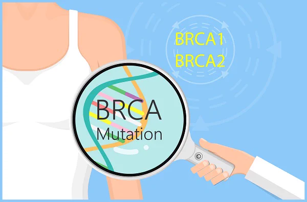 Image of woman's partial torso wearing white tank top. Magnifying glass over breast has text inside the glass that says BRCA Mutation. Text next to woman says BRCA1 BRCA1