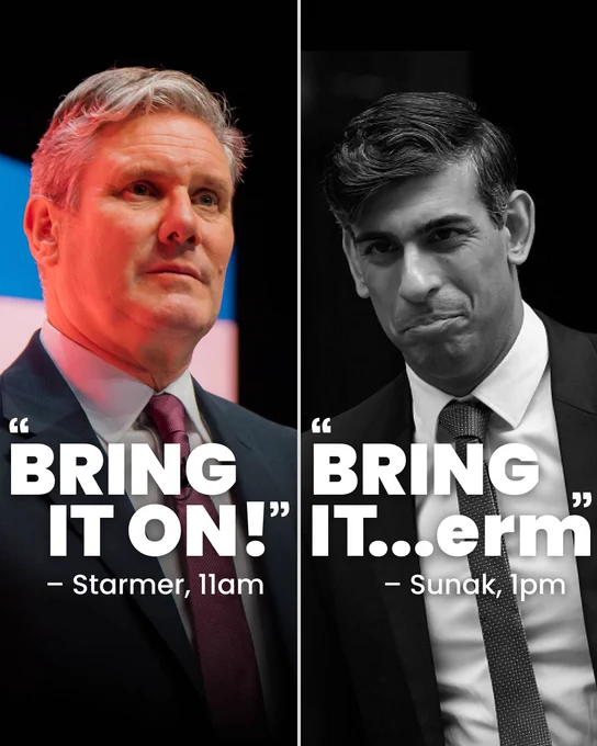 Splitscreen of Keir Starmer and text 'Bring it on!' Starmer, 11am and Rishi Sunak on the other side with text 'Bring it...erm' - Sunak, 1pm