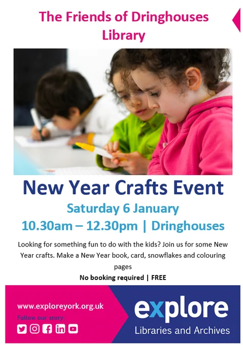 New Year Crafts event poster at Dringhouses Library