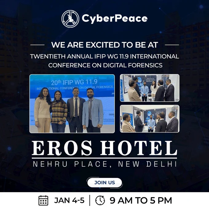 Excited to be at the 20th Annual IFIP WG 11.9 International Conference on Digital Forensics! We're at the Eros Hotel, Nehru Place, New Delhi, India, immersing ourselves in the latest advancements and discussions in the world of digital forensics.

🗓️ This Jan 4-5, 2024, we're joining global experts to explore cutting-edge technologies, innovative methodologies, and key challenges in the field.

Stay tuned as we share insights and highlights from this prestigious event. 

#CyberPeace☮️ #DigitalForensics2024 #IFIPConference #CyberSecurity #ForensicInnovation #NewDelhi 